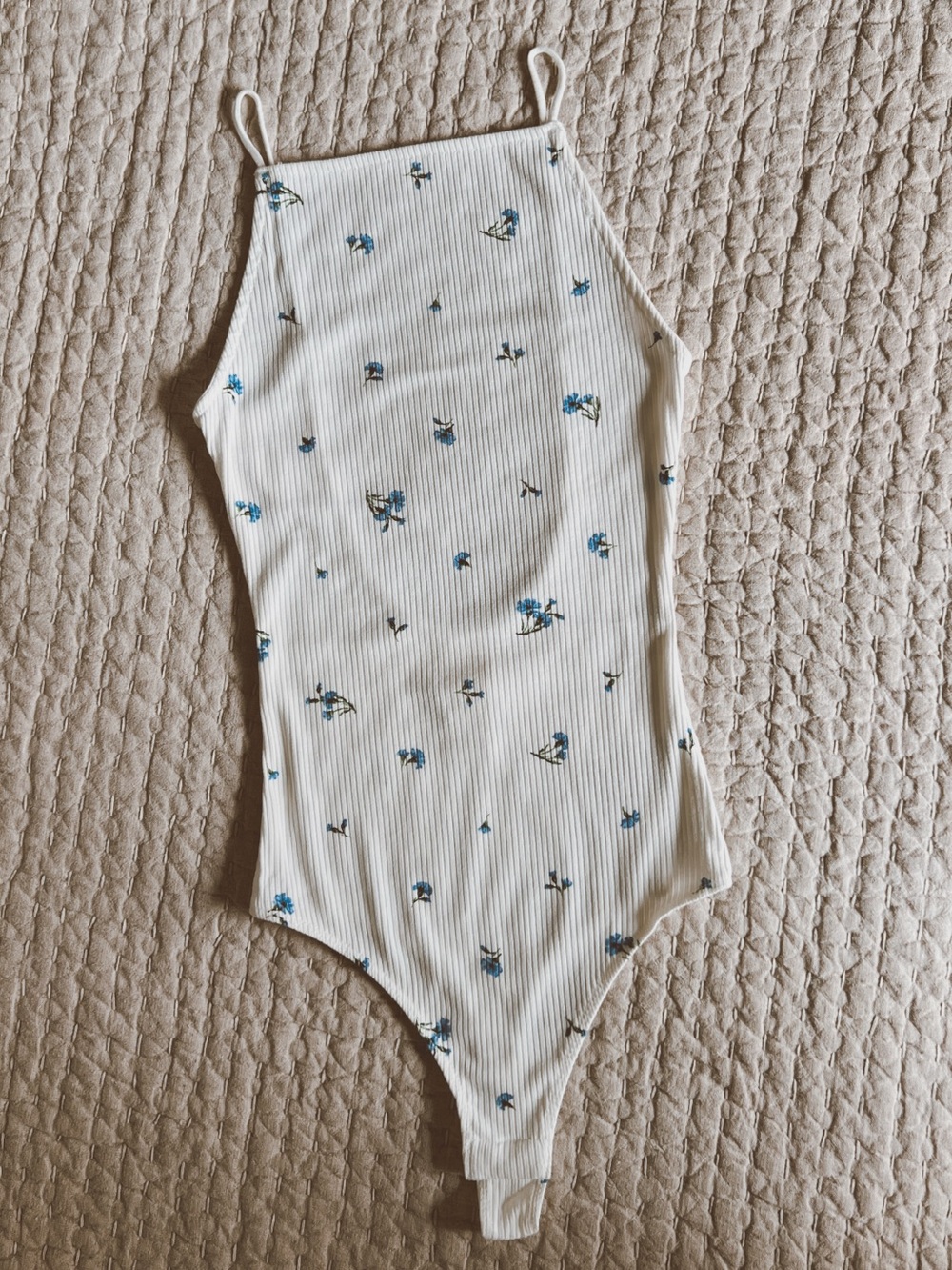 Cream Ribbed Floral-Print Boatneck Bodysuit